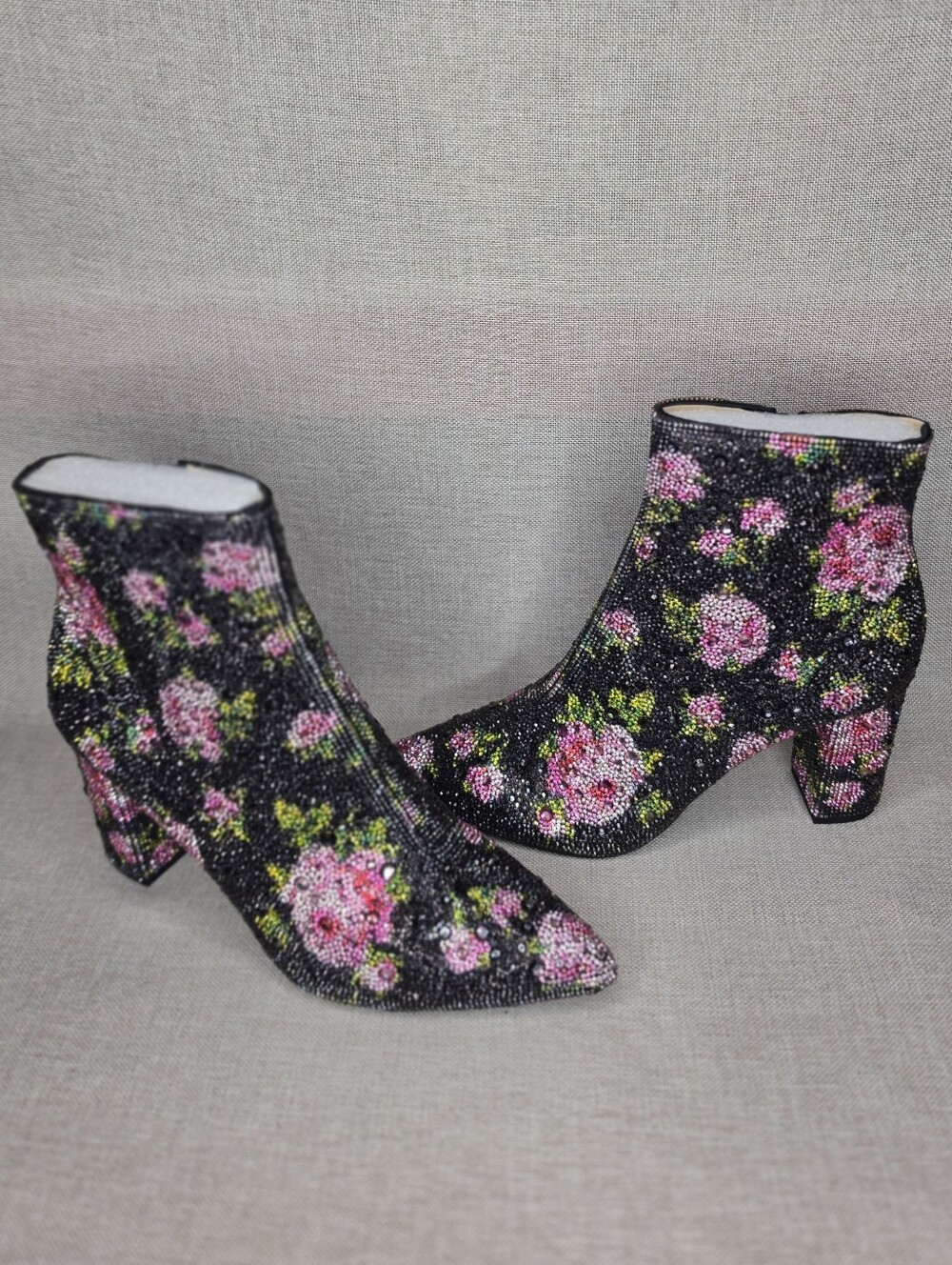Betsey Johnson Black Floral Ankle Boots - Pink Rose Accent 8.5 New